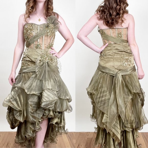 Vintage Mike Benet Gown Corset Skirt Ruffle Pleated Embroidered Beaded Formal - Picture 1 of 9
